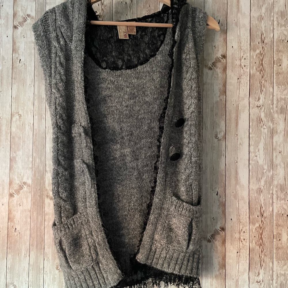 EUC BKE Gray Mohair Blended, Hooded, Trim And Black Guipure, 2 Pockets , Small
